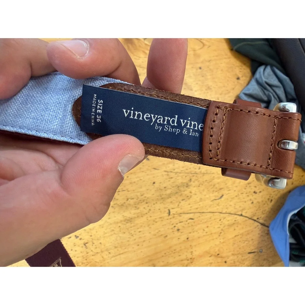 Vineyard Vines Canvas Leather Belt Size 36 Maroon Needlepoint Style Preppy Mens
